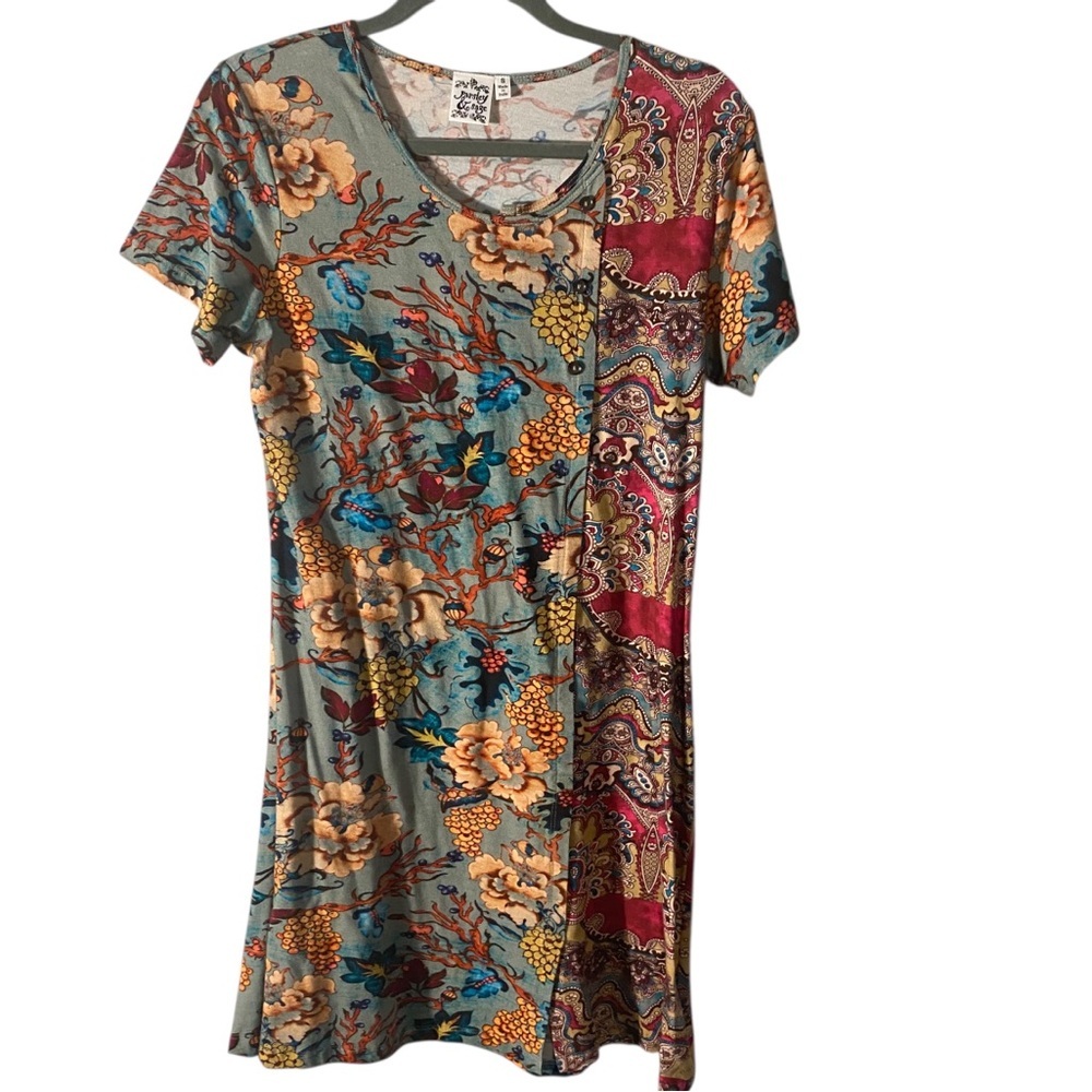 Parsley and Sage Floral Patchwork Short Sleeve Dress with Button details small